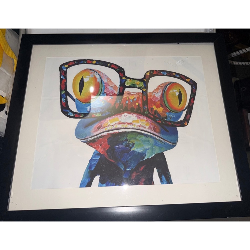 Colorful Frog with Glasses Framed Pop Art Print Wall Decor 26x22 Black Frame